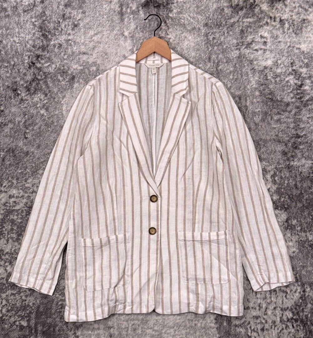 New Garnet Hill Jacket Medium Womens White Linen Striped Blazer Lightweight